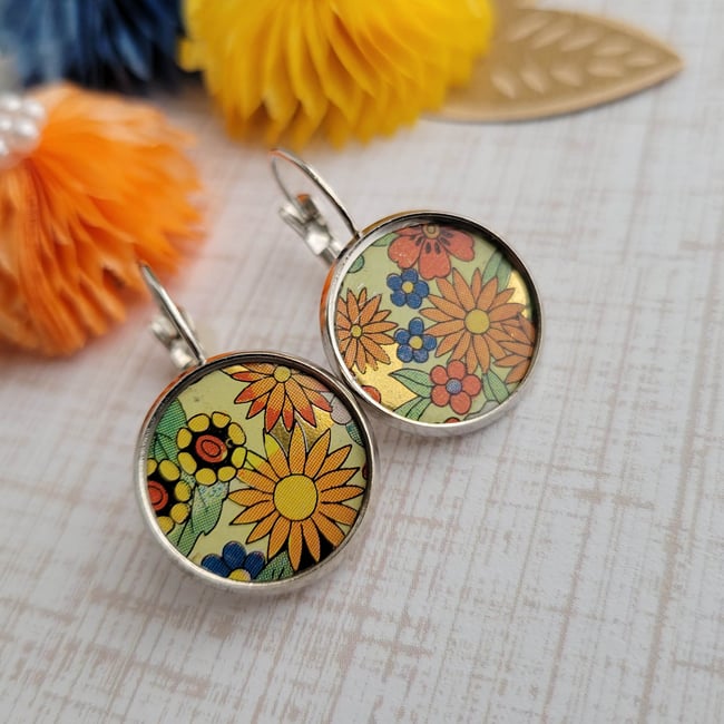 Flower Power 60’s Inspired Design Coin Vintage Tin Earrings