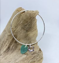 Image 1 of Sterling Silver Bracelet Bangle with Frosted Turquoise Seaglass & Star