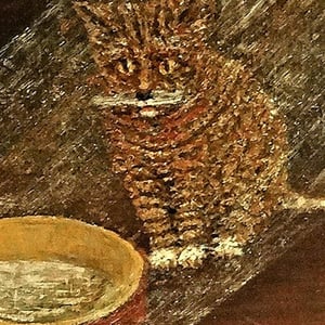 Image of Early 20thc Naive Swedish Oil Painting, 'Cat and Mouse'