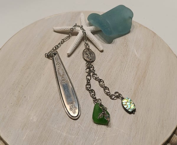 Image of Vintage Spoon Bookmark with Sea Glass-Abalone-Tree of Life-Gift Boxed- #EB-383