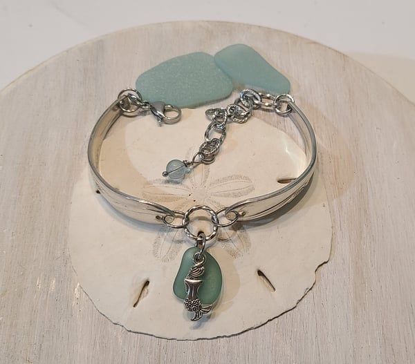 Image of Vintage Spoon Bracelet - Genuine Sea Glass - Mermaid Charm - Adjustable - #EB-384