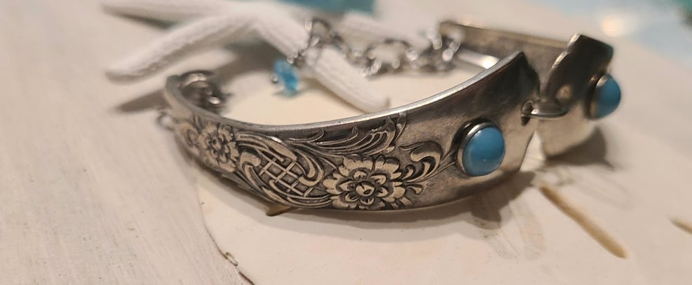 Image of Vintage Spoon Bracelet with channel set Turquoise- Adjustable - Gift Boxed- #EB-385