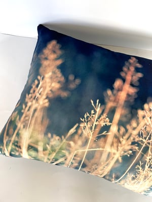 Image of Blue meadow grasses, printed velvet cushion