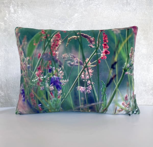 Image of Meadow grasses, printed velvet cushion