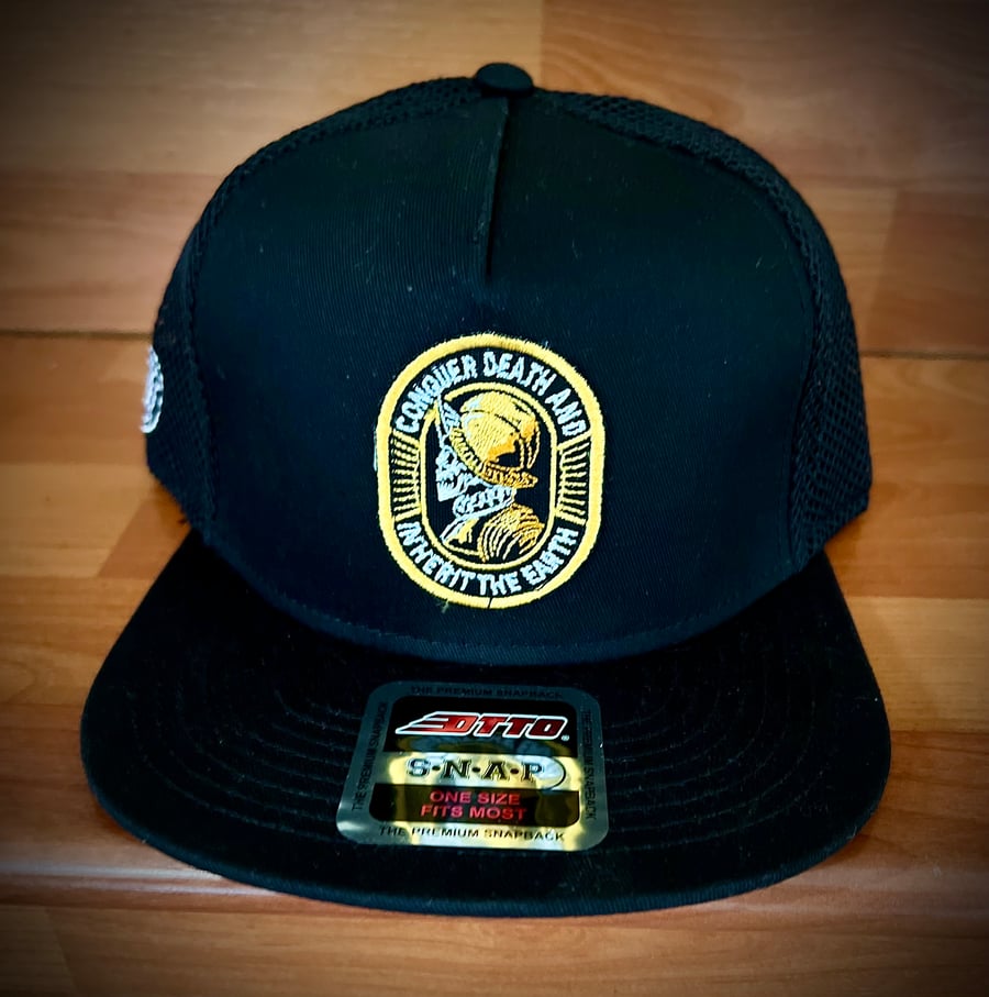 Image of CONQUER DEATH (BLACK TRUCKER SNAPBACK)