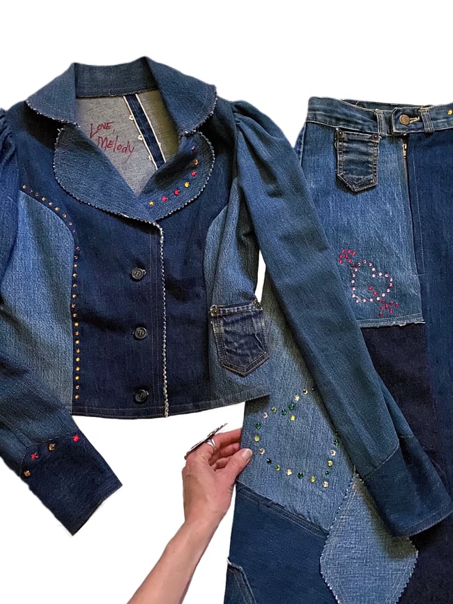 late 1960s handcrafted Love, Melody patchwork denim outfit made of Levi's Big E jeans