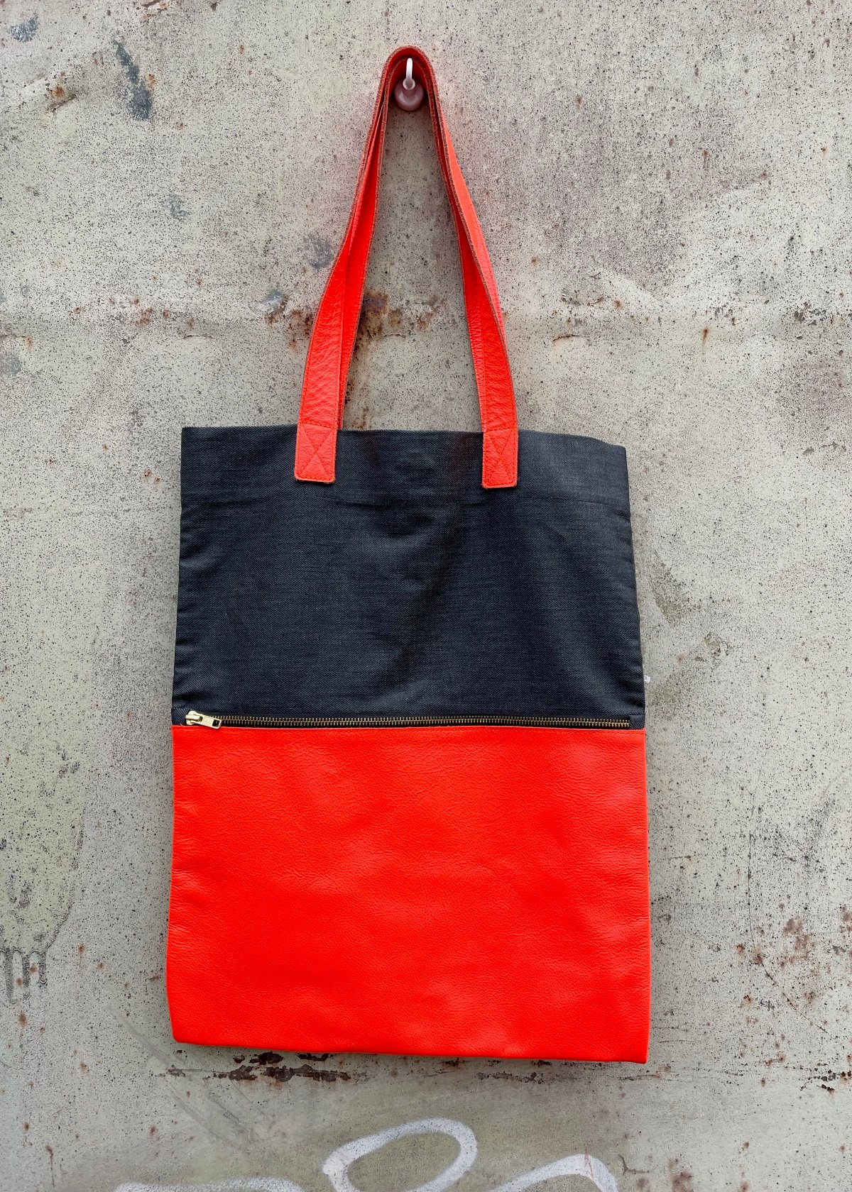 Image of Leather Denim zipped tote Bag