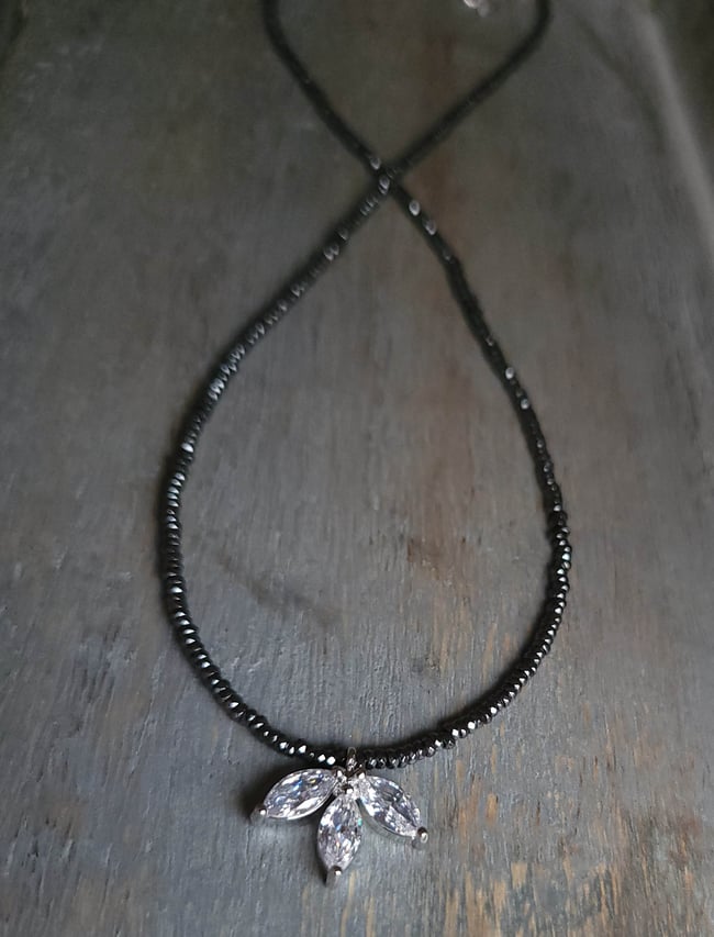 Minimalist Cubic Zirconia (CZ) Flower Pendant on a Necklace of Tiny Sparkly Hematite Beads