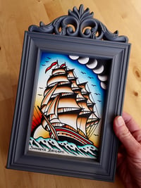 Image 1 of Original Watercolor of the SAILING SHIP at sunset with frame 🎨