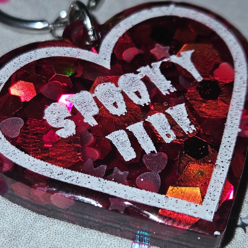 Image of Spooky Babe Heart Earrings: Red Glitter w/ White Lettering