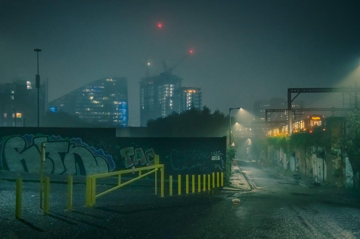 Image of BROMLEY ST, MANCHESTER, TOWARDS THE CITY CENTRE - WINTER'S NIGHT