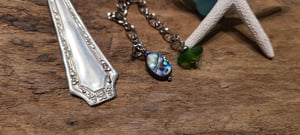 Image of Vintage Spoon Handmade Bookmark with Sea Glass-Abalone-Sand Dollar-Gift Boxed- #EB-413