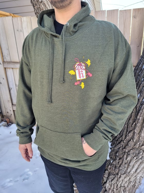 Image of Sage Green Ginko leaves and Hannya/Snake Hoodie