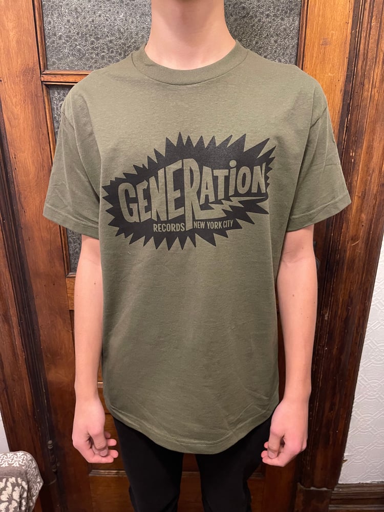Image of Generation Records Logo T-Shirt (Black Ink/Army Green Shirt)