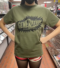 Image 2 of Generation Records Logo T-Shirt (Black Ink/Army Green Shirt)