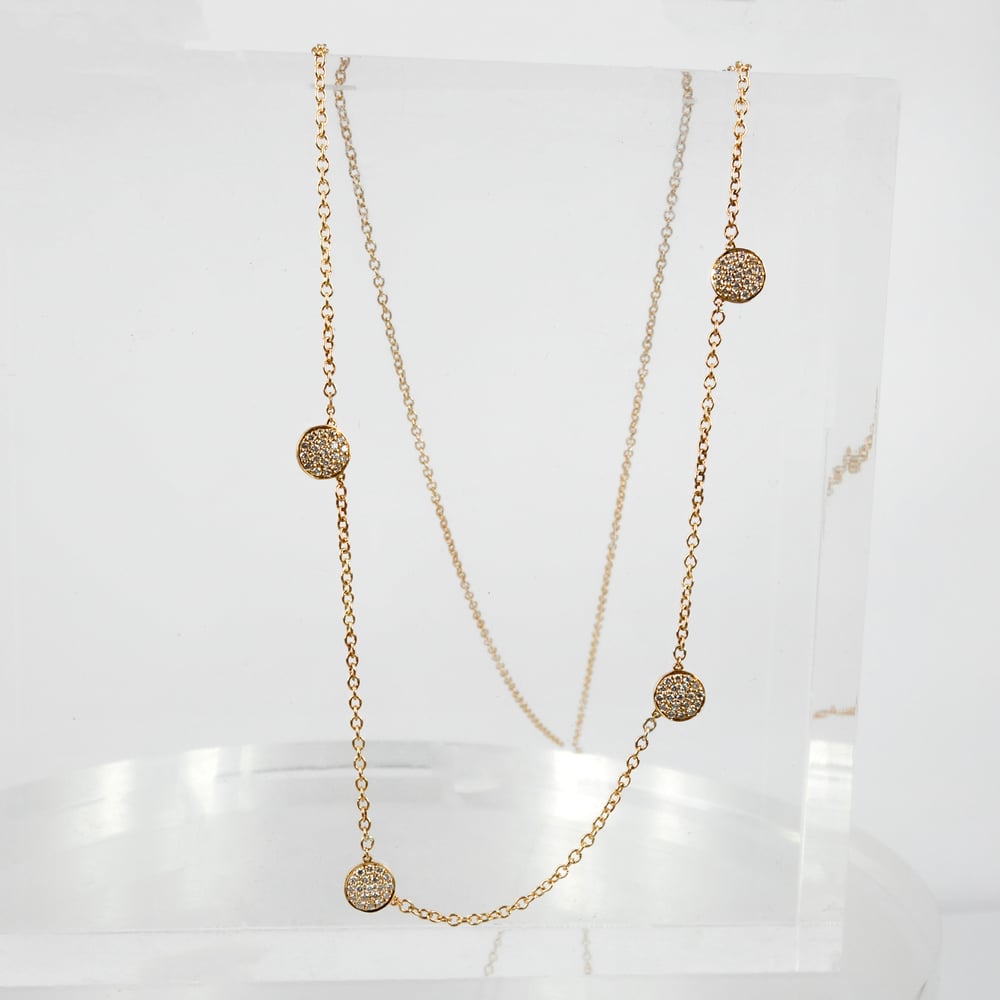 Image of Elegant 9ct rose gold, silver filed chain necklace with grain set diamond discs. Pj5442 Gc1623