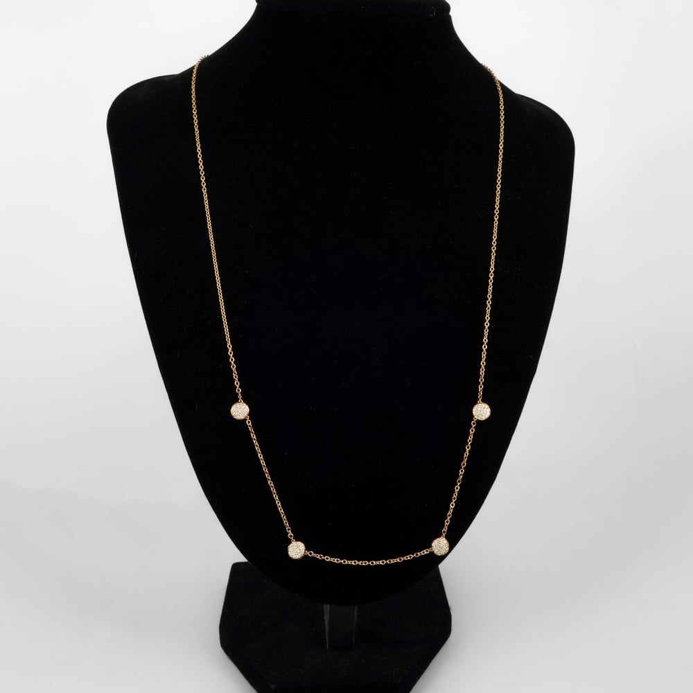 Image of Elegant 9ct rose gold, silver filed chain necklace with grain set diamond discs. Pj5442 Gc1623