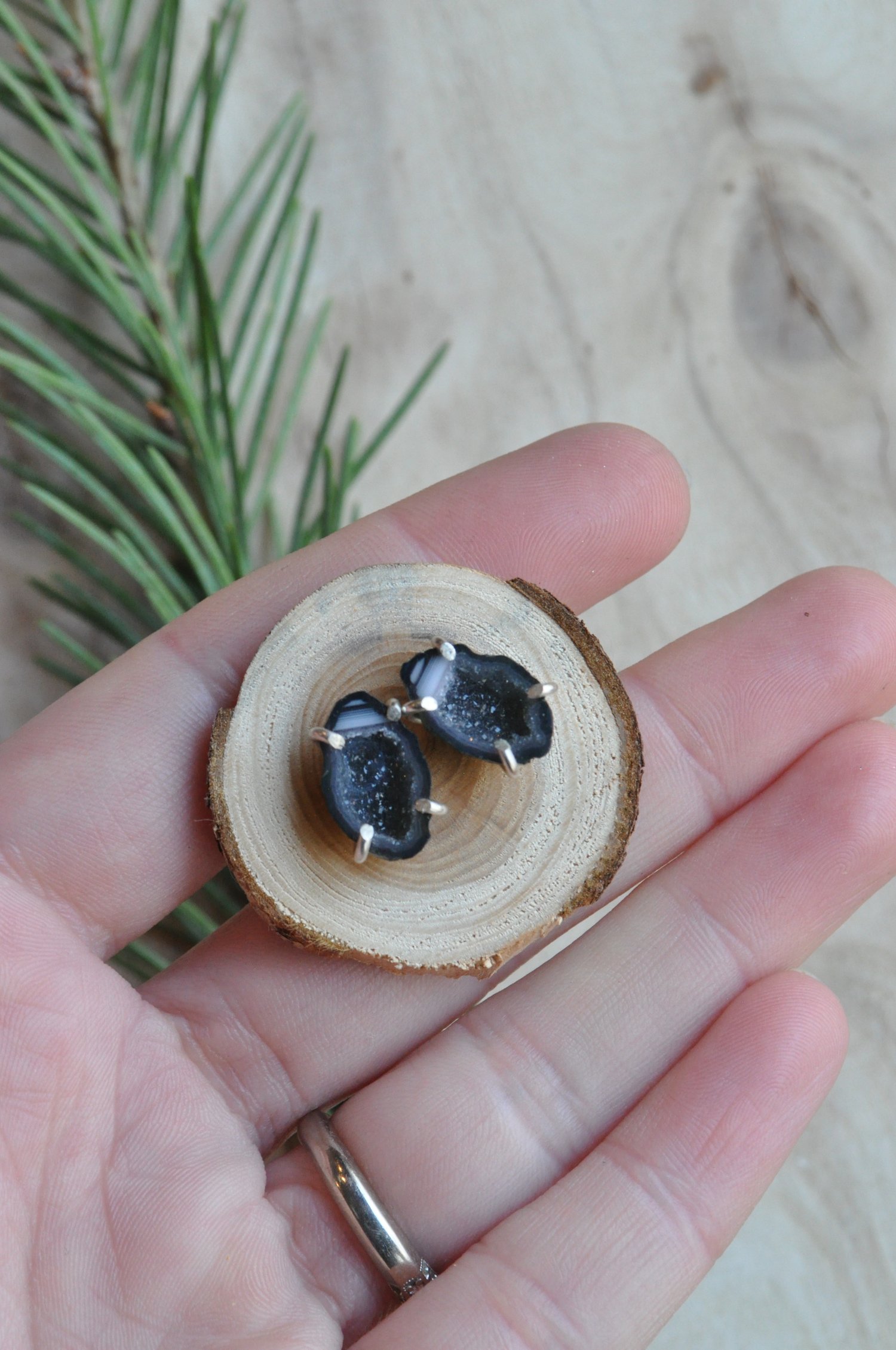 Image of One of a Kind Black Druzy Geode Studs in Sterling Silver