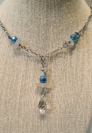 Image of Genuine Sea Glass  Necklace with  Swarovski Crystal and Blue Agate - Gift Boxed- #EB-416