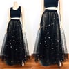 1980s Black Tulle Net Silver Sequin Paillettes Ball Skirt