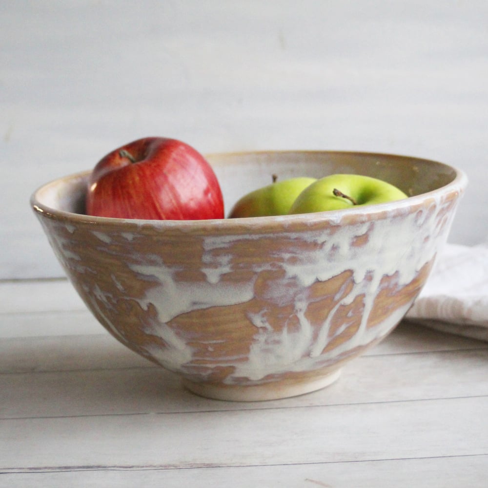 Image of Rustic Serving Bowl with White and Ocher Dripping Glazes, Handcrafted Pottery Bowl, Made in USA