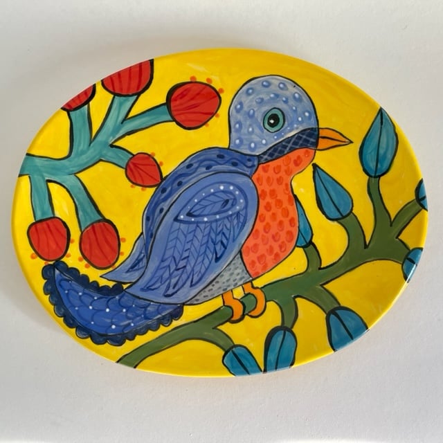 Image of 134 Blue Bird Platter on Yellow Background