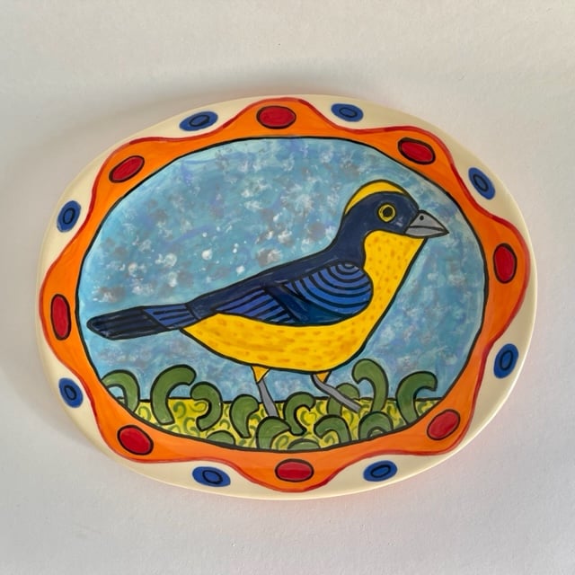 Image of 136 Bird Platter with Mottled Sky and Orange Border