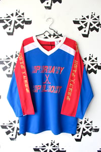 Image of cold player hockey jersey in red/wht/blue