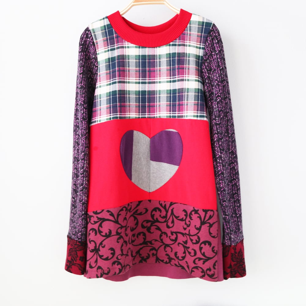 Image of plaid red purple PATCHWORK HEART 10/12 LONG SLEEVE COURTNEYCOURTNEY VALENTINES DAY TOP