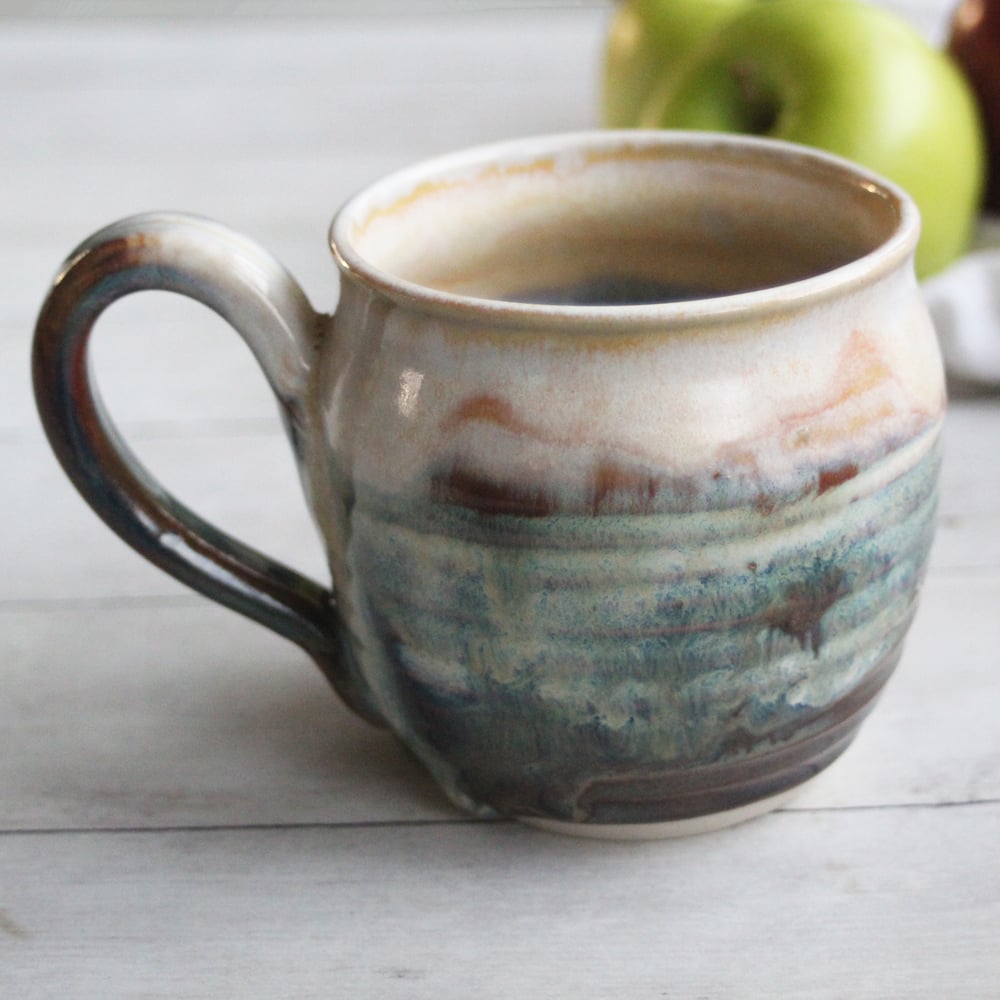 Image of Handmade Pottery Mug with Dripping Earthy Glazes, 14 oz. Coffee Cup Made in USA