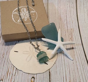 Image of Genuine Sea Glass Stack Necklace- Teal and White-Adjustable- Gift Boxed-#EB-418