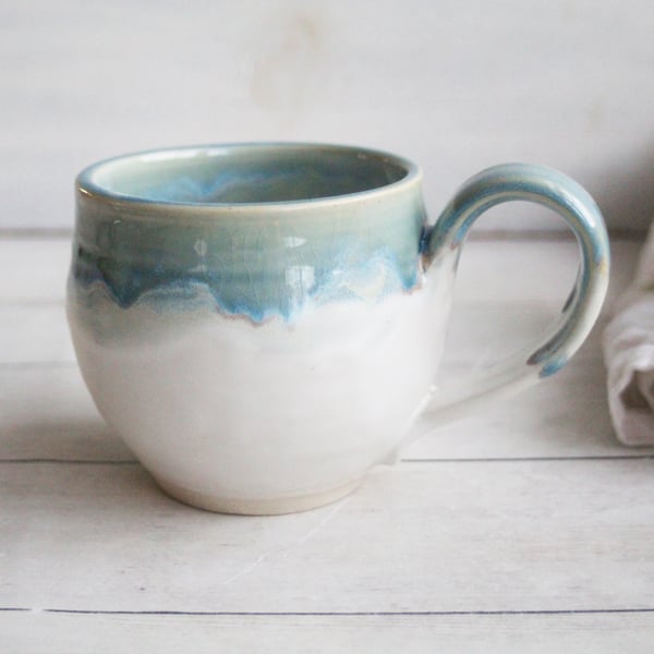 Image of Handmade Sea Glass Blue and Matte White Mug, 13 oz. Stoneware Pottery Coffee Cup, Made in USA