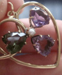 Image 2 of Victorian 9ct yellow gold large amethyst tourmaline heart and pearl drop pendant