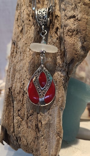 Image of Genuine Sea Glass and Sterling Red Enamel Necklace - Adjustable-Gift Boxed- #EB-421