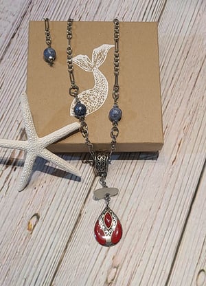 Image of Genuine Sea Glass and Sterling Red Enamel Necklace - Adjustable-Gift Boxed- #EB-421