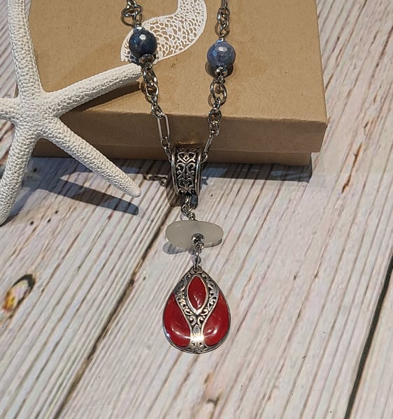 Image of Genuine Sea Glass and Sterling Red Enamel Necklace - Adjustable-Gift Boxed- #EB-421