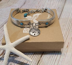 Image of Handmade- Vintage Spoon Bracelet- Turquoise-Sand Dollar-Gift Boxed- #EB-420