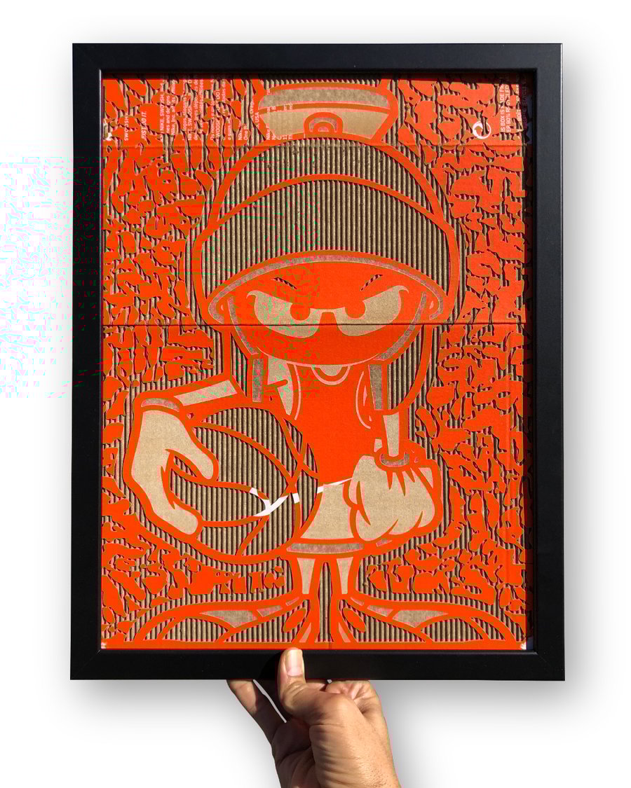 Image of Martian Laser Cut & Engraved from Orange Nike Box - Art Print