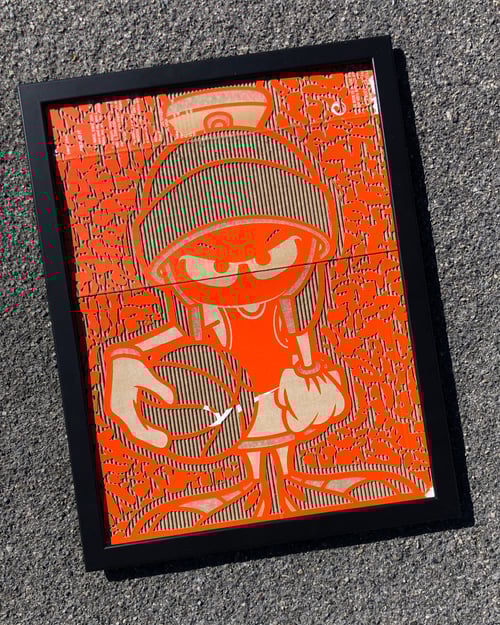 Image of Martian Laser Cut & Engraved from Orange Nike Box - Art Print