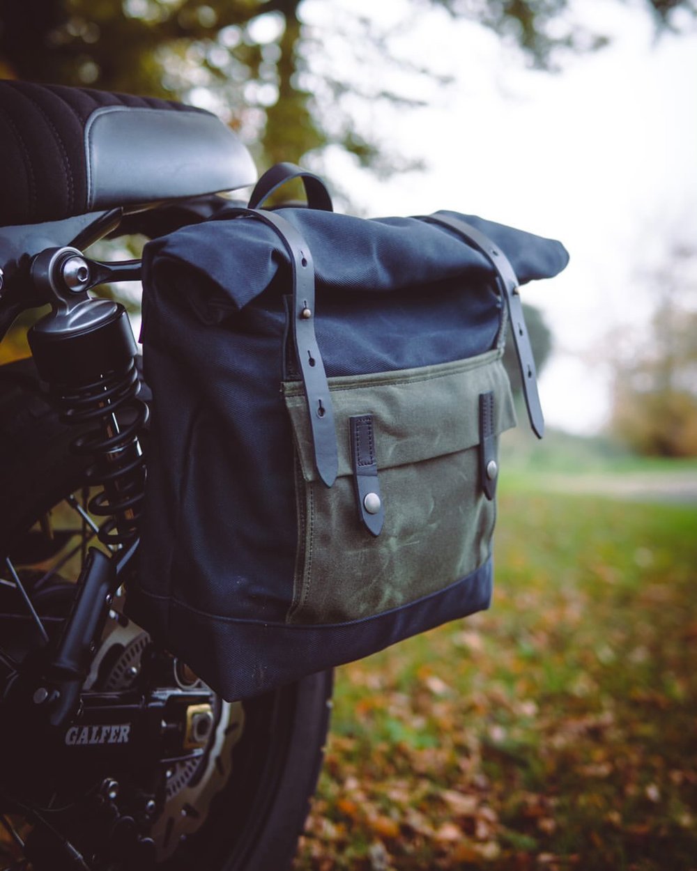 Image of Black motorcycle bag in waxed canvas waterproof saddle bag bicycle bag bike accessories