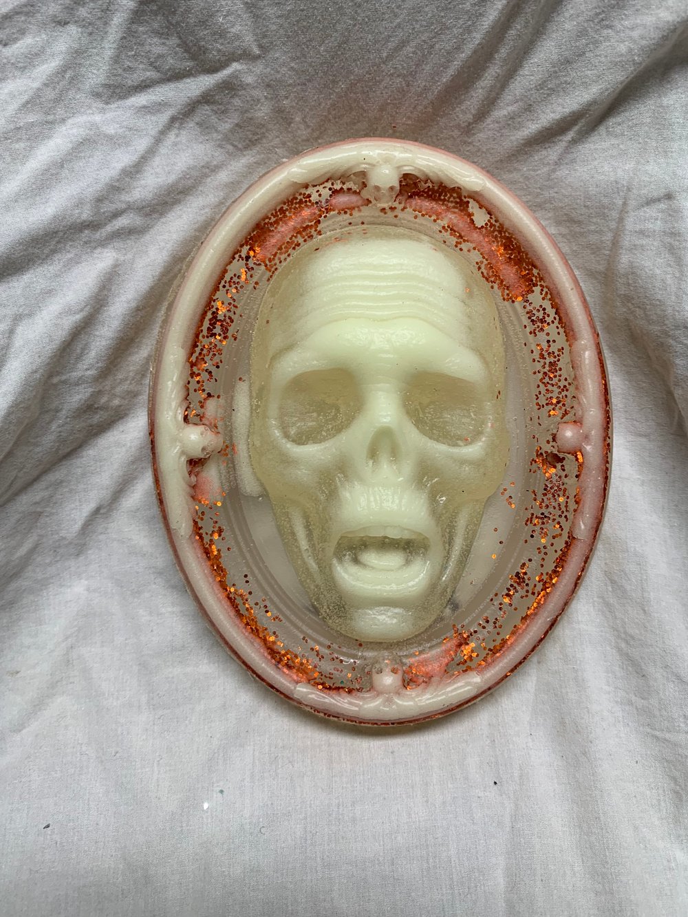 Death's Head Mini Plaque One Off- Clear and Glow with Copper Glitter