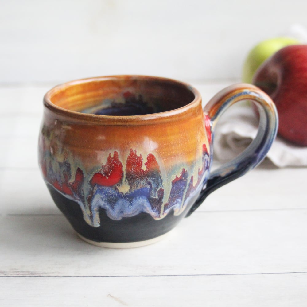 Image of Colorful Mug with Gorgeous Dripping Glazes, 14 oz. Handcrafted Art Pottery Coffee Cup Made in USA