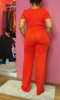 Image 3 of RED SHORT SLEEVE OVERSIZED  LEG JUMPSUIT 