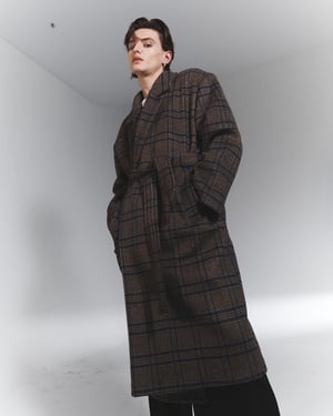 Image of NIGHT FLOW - Wool Blended Check Double Robe Coat (Brown)