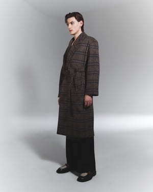 Image of NIGHT FLOW - Wool Blended Check Double Robe Coat (Brown)
