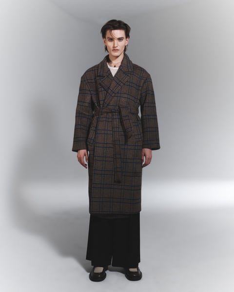 Image of NIGHT FLOW - Wool Blended Check Double Robe Coat (Brown)