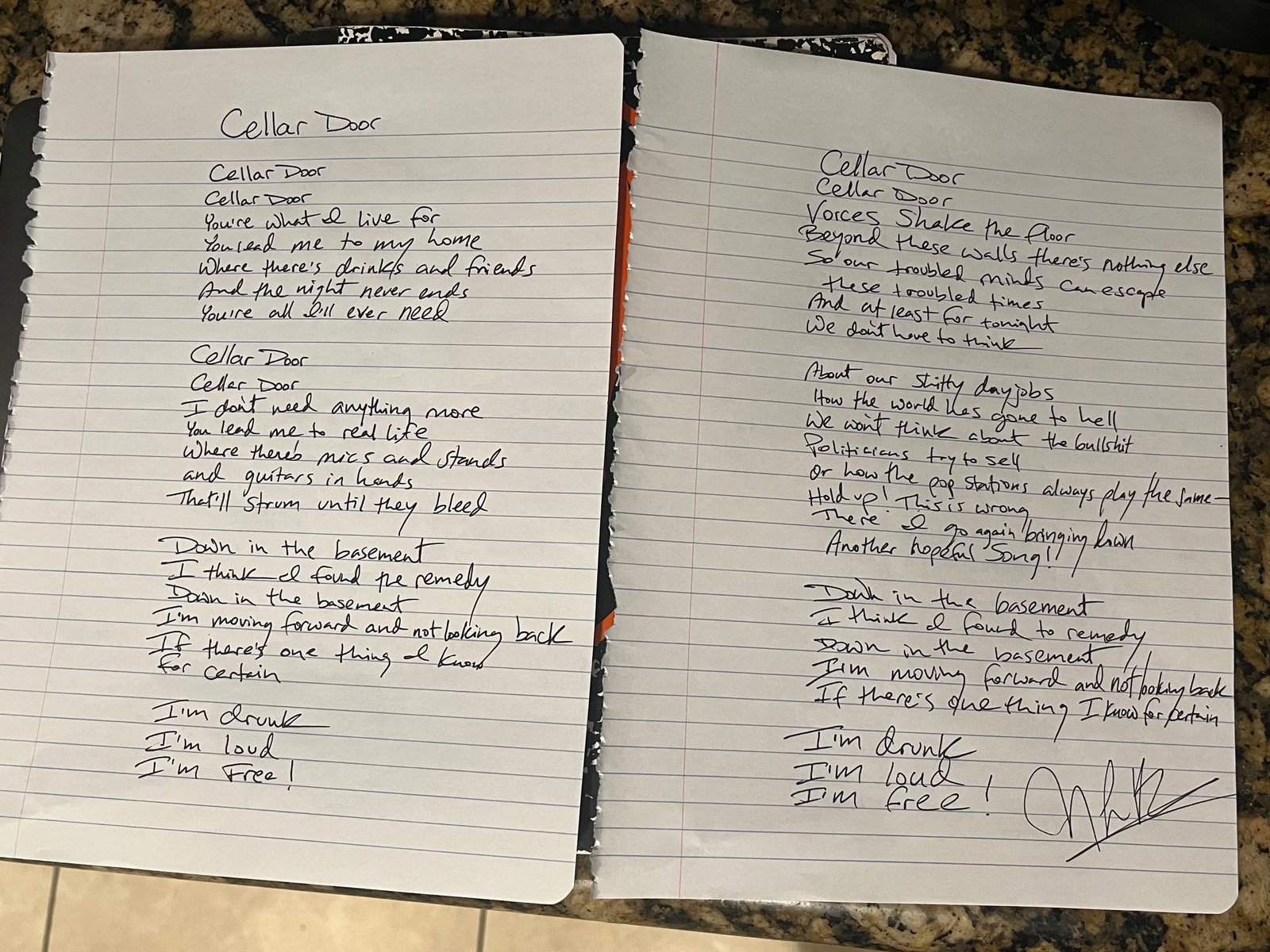 Hand written Lyrics Cellar Door