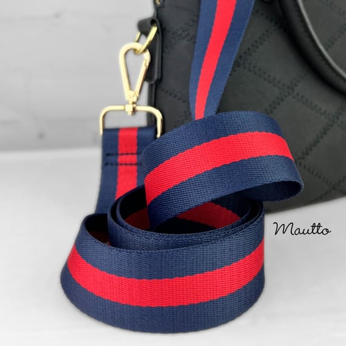Image of Navy & Red Strap for Bags - 1.5" Wide Nylon - Adjustable Length - Tear Drop Shape #14 Hooks