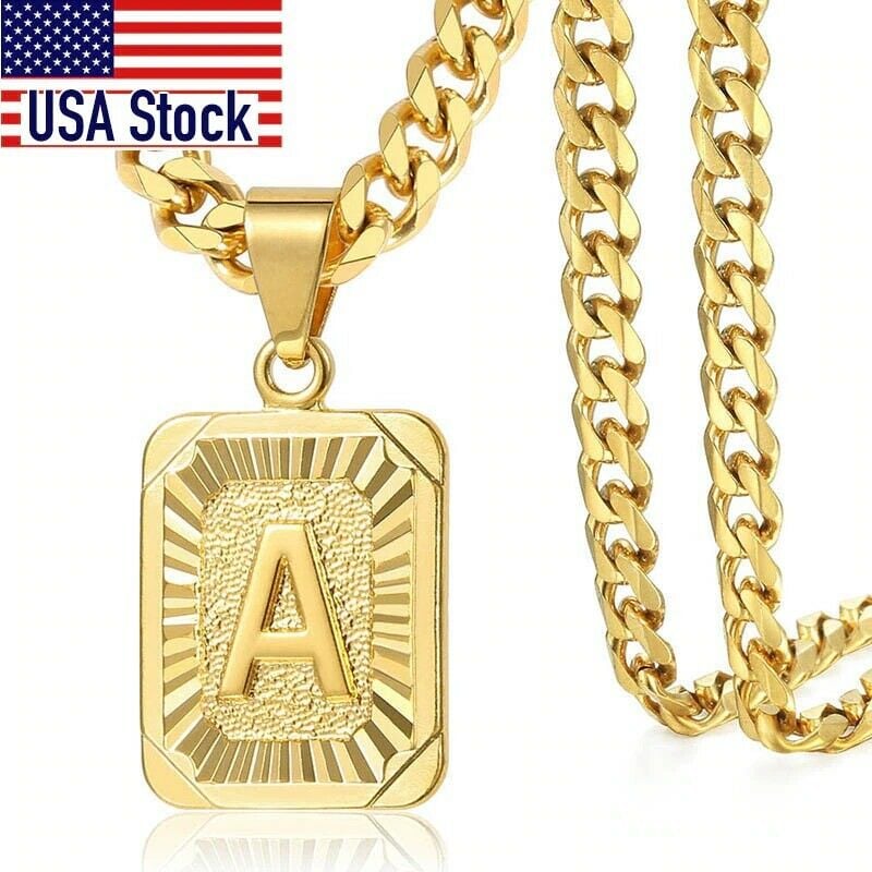 Image of Men Women Initial Name Letter Gold Cuban Curb Necklace Pendant Jewelry