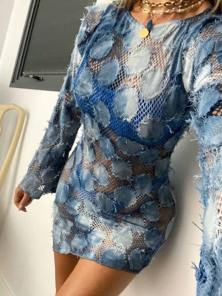 Image of Asymmetric Mini Dress In Distressed Denim Crochet 